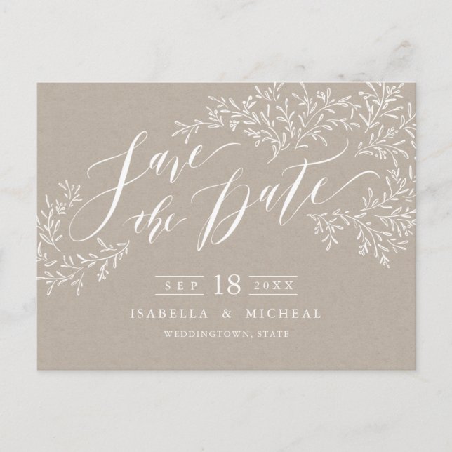 Kraft rustic floral calligraphy save the date announcement postcard (Front)