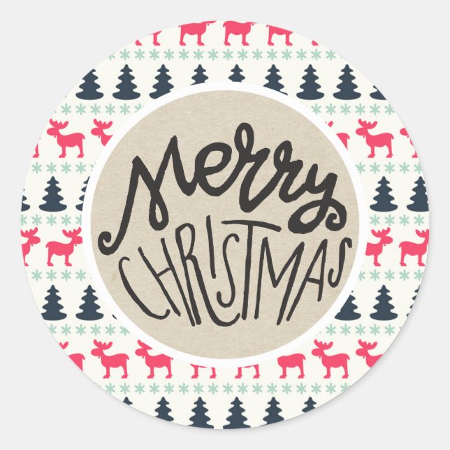 Kraft Rustic Holiday Country Christmas Moose Tree Classic Round Sticker (Front)