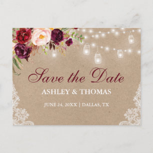 Kraft Rustic Jar Lights Lace Floral Save the Date Announcement Postcard