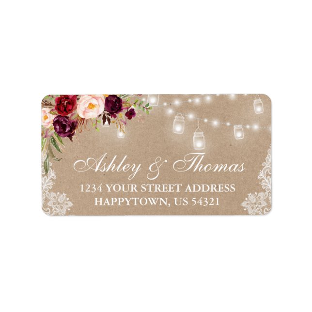 Kraft Rustic Wedding Jar Light Lace Floral Address Label (Front)