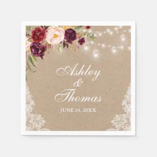 Kraft Rustic Wedding Jar Lights Floral Lace Napkin