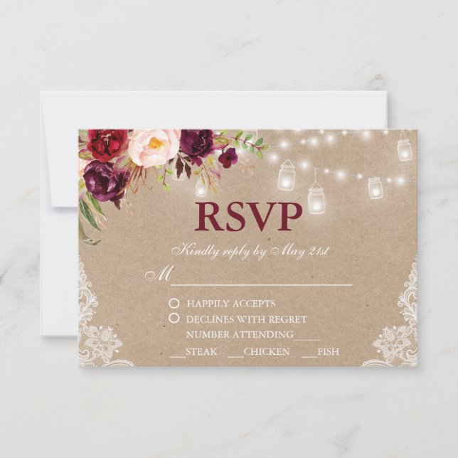 Kraft Rustic Wedding Jar Lights Lace Floral RSVP (Front)