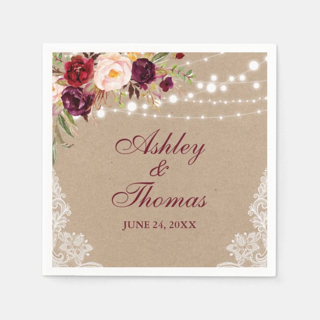 Kraft Rustic Wedding Lights Lace Floral Napkin (Front)