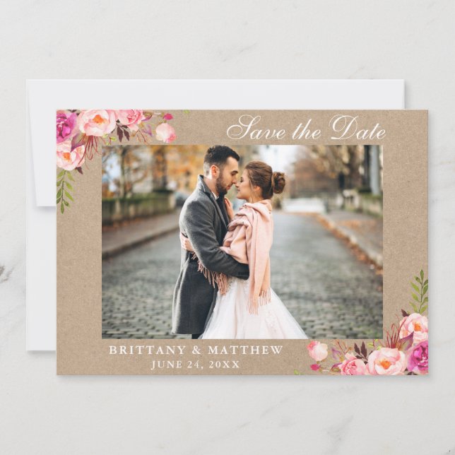 Kraft Sauvez La Date Carte photo Floral Rose (Devant)