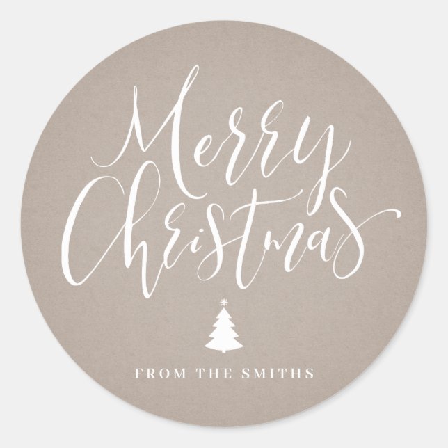 Kraft Simple Calligraphy Merry Christmas Classic Round Sticker (Front)