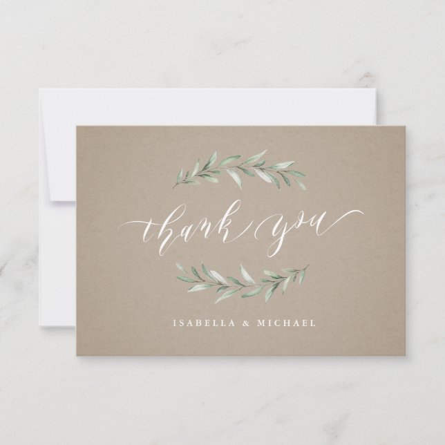 Kraft Simple calligraphy rustic greenery Thank You Card (Front)
