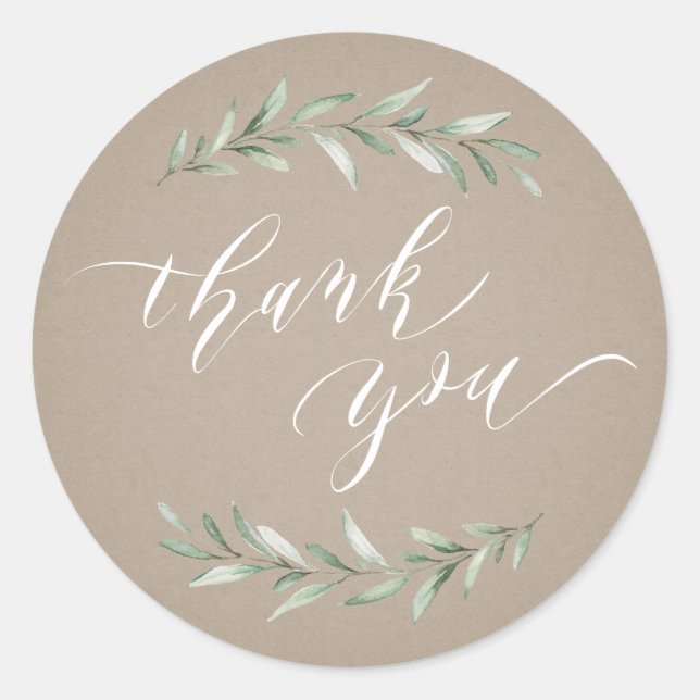 Kraft Simple calligraphy rustic greenery thank you Classic Round Sticker (Front)