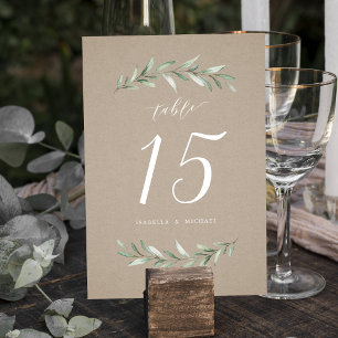 Kraft simple calligraphy rustic greenery wedding table number