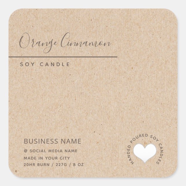 Kraft Simple elegant white heart  candle  Square Sticker (Front)