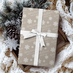 Kraft Snowflakes Merry Christmas Script Custom Wrapping Paper