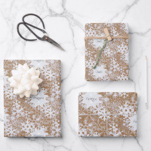 Kraft Snowflakes Personalized Three Names Winter Wrapping Paper Sheet