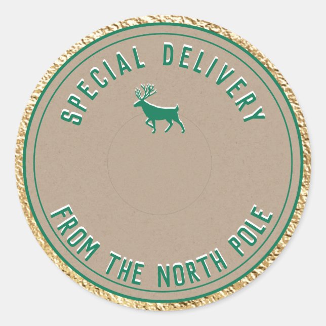 Kraft Special Delivery From The North Pole Gold Cl Classic Round Sticker (Front)