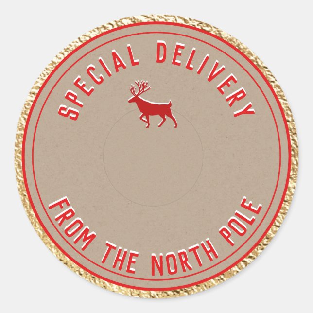 Kraft Special Delivery From The North Pole Gold Classic Round Sticker (Front)
