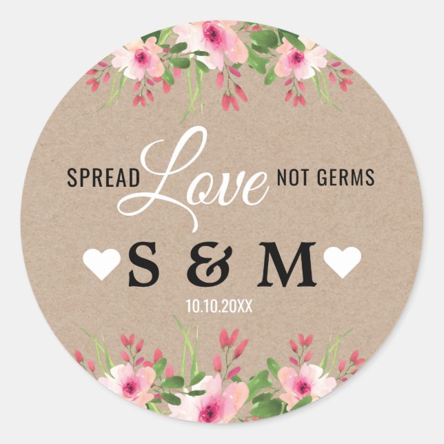 Kraft Spread Love Floral Wedding Monogram Classic Round Sticker (Front)