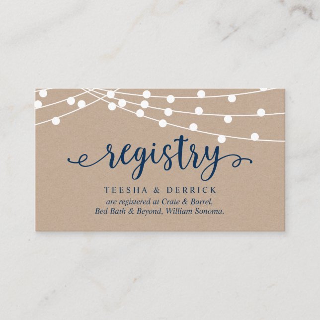 Kraft string lights, Navy Blue, Wedding Registry Enclosure Card (Front)
