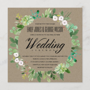 KRAFT SUCCULENT WREATH FOLIAGE WATERCOLOR WEDDING INVITATION