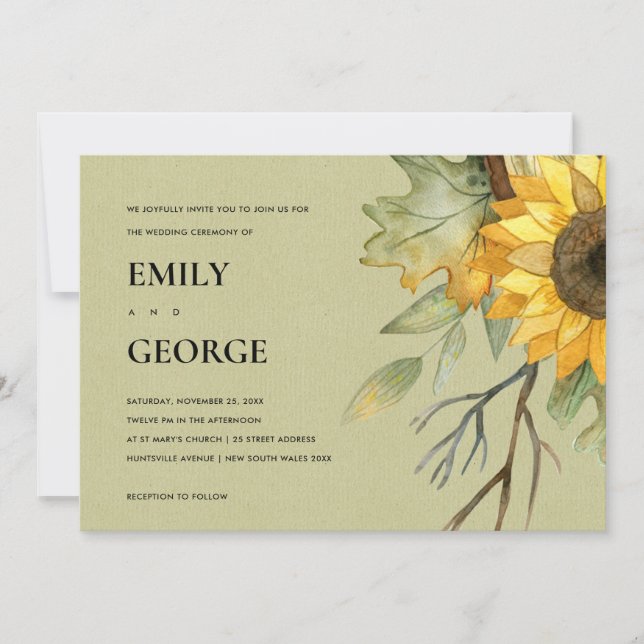 KRAFT SUNFLOWER WATERCOLOR FLORAL WEDDING INVITE (Front)