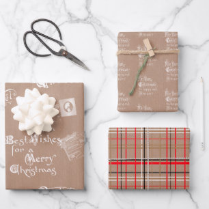 Kraft Vintage Postcards, Messages and Plaid  Wrapping Paper Sheet