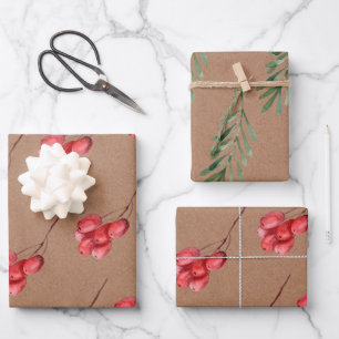 Kraft-Watercolor Berry and Greenery Leaf    Wrapping Paper Sheet