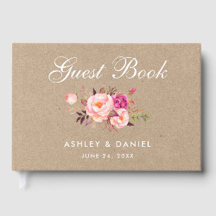 Kraft Watercolor Floral Pink Blush Wedding Guest Book
