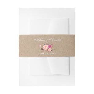 Kraft Watercolor Floral Pink Blush Wedding Invitation Belly Band