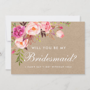Kraft Watercolor Floral Pink Bridesmaid Invitation