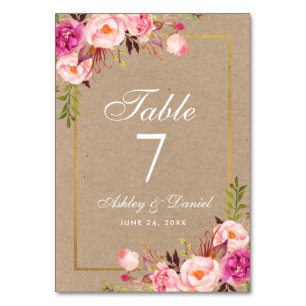 Kraft Watercolor Floral Pink Gold Wedding Table Number