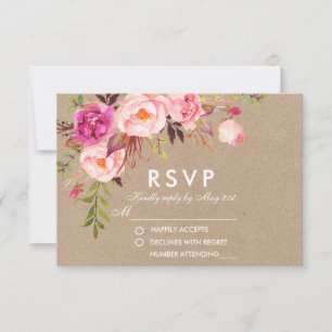 Kraft Watercolor Floral Pink RSVP Wedding Card