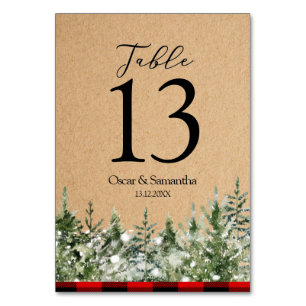 Kraft Watercolor Pine Trees & Red Buffalo Plaid Table Number