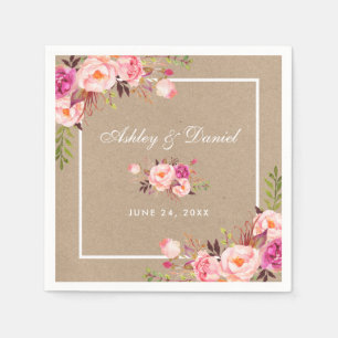 Kraft Watercolor Pink Blush Floral Wedding Napkin