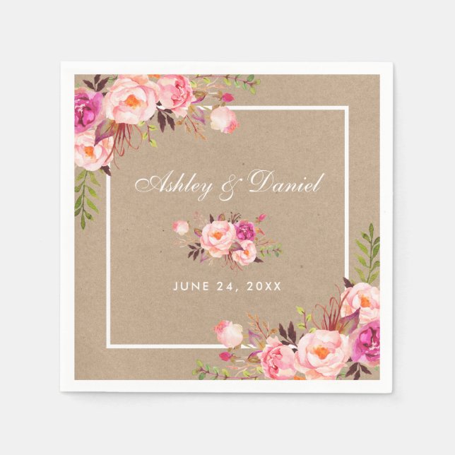 Kraft Watercolor Pink Blush Floral Wedding Napkin (Front)