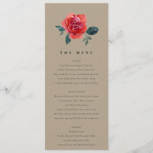 KRAFT WATERCOLOR RED GREEN ROSE FLORAL WEDDING MENU