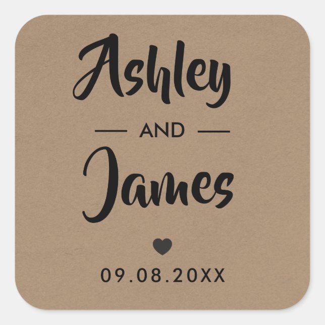 Kraft Wedding Favour Sticker, Personalized, Names Square Sticker (Front)