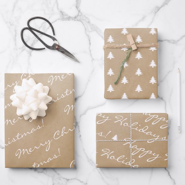 Kraft White Merry Christmas Happy Holidays Trees Wrapping Paper Sheet (Front)