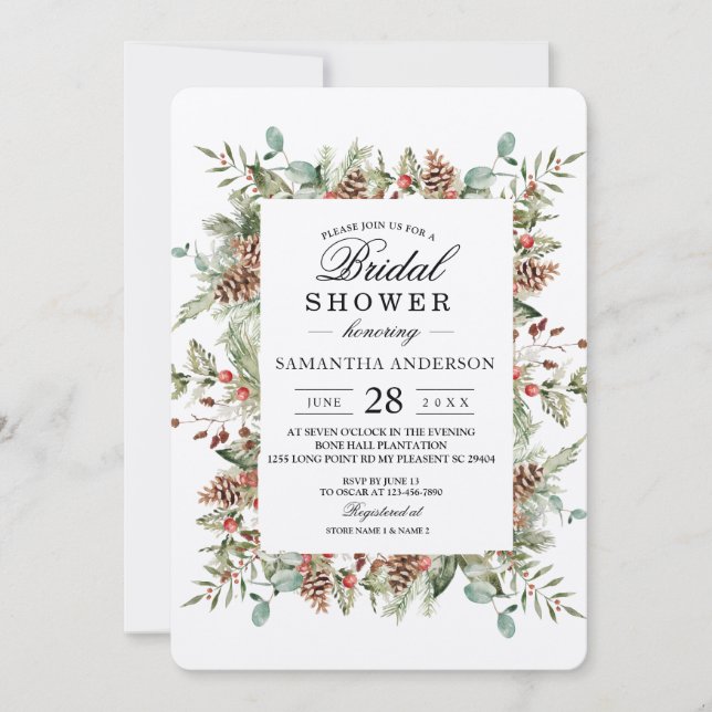 Kraft Winter Green Pine Cone Frame Invitation (Front)