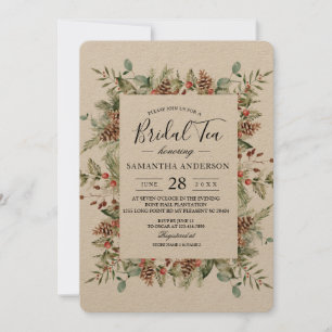 Kraft Winter Green Pine Cone Frame Invitation