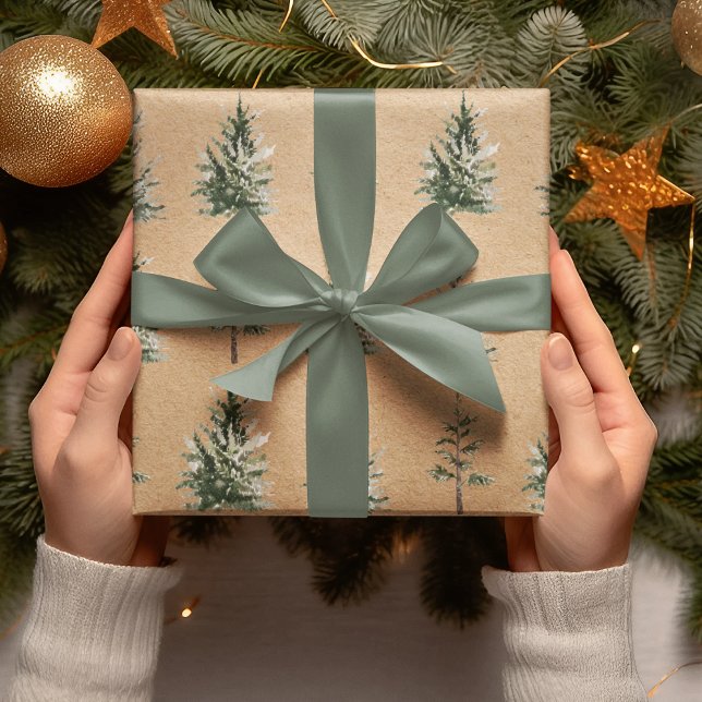 Kraft Winter Pine Green Watercolor Tree Wrapping Paper (Creator Uploaded)
