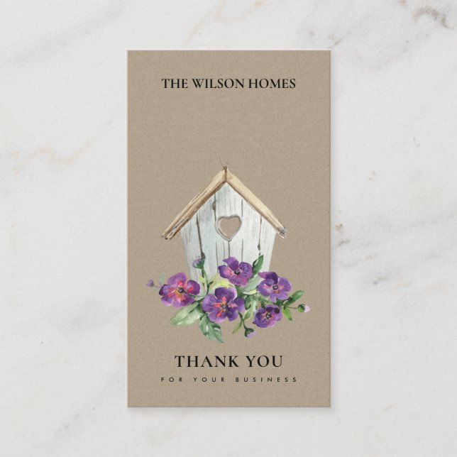 KRAFT WOODEN FLORAL BIRD HOUSE THANK YOU REALTOR BUSINESS CARD (Front)