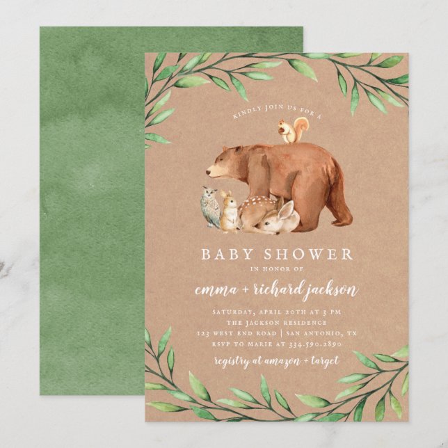 Kraft Woodland Greenery Forest Animals Baby Shower Invitation (Front/Back)