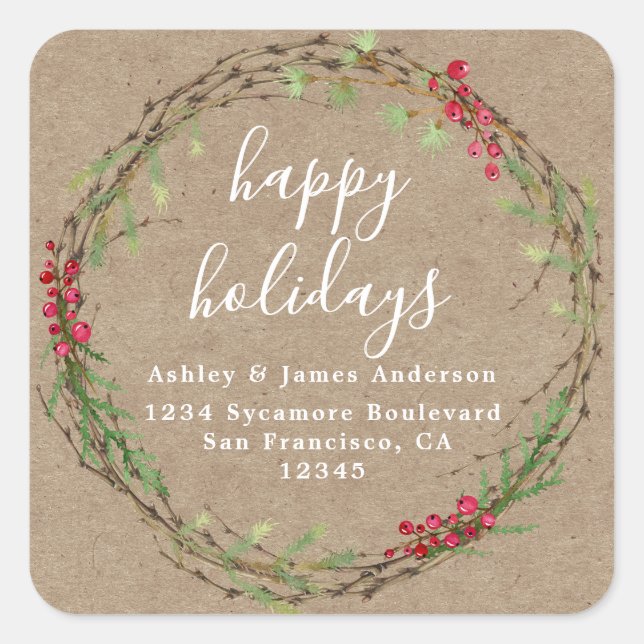 Kraft Wreath Holiday Return Address Square Sticker (Front)