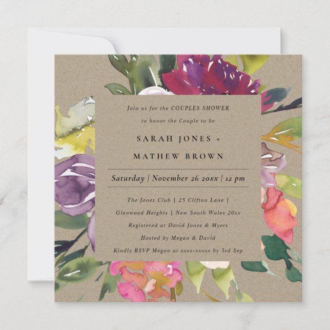 KRAFT YELLOW BLUSH BURGUNDY FLORAL COUPLES SHOWER INVITATION (Front)