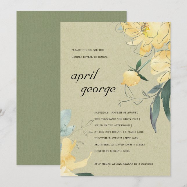 KRAFT YELLOW GREEN FLORAL GENDER REVEAL INVITATION (Devant / Derrière)