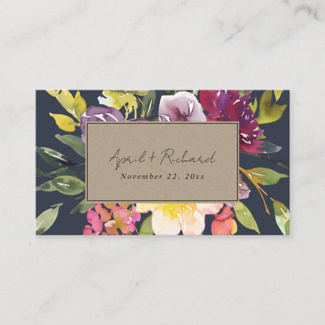 KRAFT YELLOW NAVY BURGUNDY FLORAL WEDDING WEBSITE BUSINESS CARD (Front)