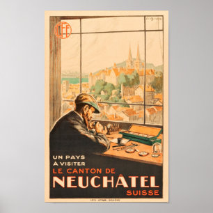 Kraftsmen in Neuchatel, Switzerland,vintage travel Poster