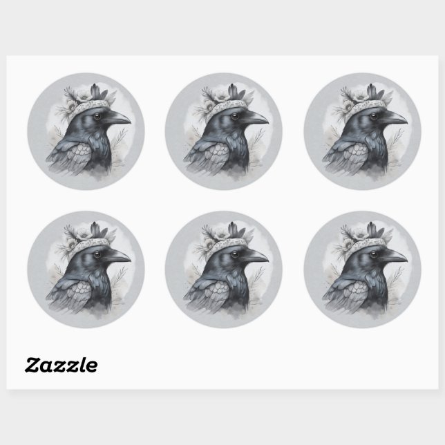 Krähe Crow Rabe Portrait Flowers Vogel Portrait Classic Round Sticker (Sheet)