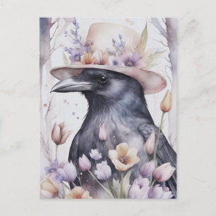Krähe mit Hut im Frühling mit Blumen Watercolor Postcard