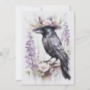 Krähe Rabe Crow mit Hut und Blumen Watercolor Holiday Card
