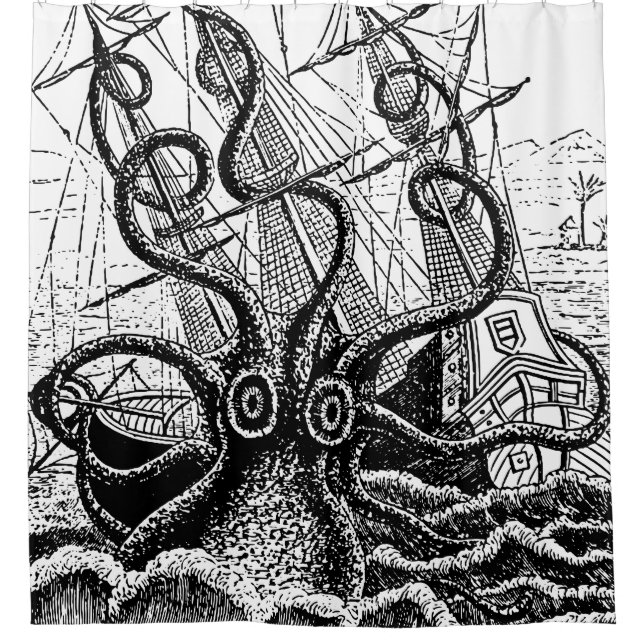 Kraken Attack giant octopus shower curtain (Front)