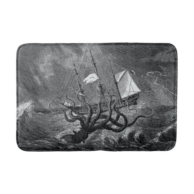 Kraken Attacking Ship vintage etching Bath Mat (Front)
