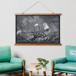 Kraken Attacking Ship vintage etching Hanging Tapestry